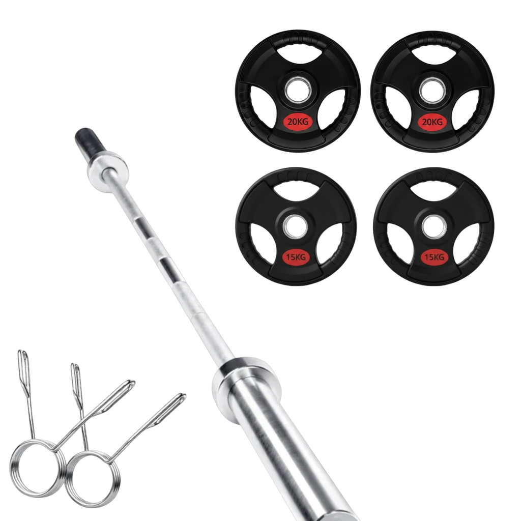 SET 90KG BARRA OLIMPICA 20KG + 70KG EN DISCOS ( 15-20KG )