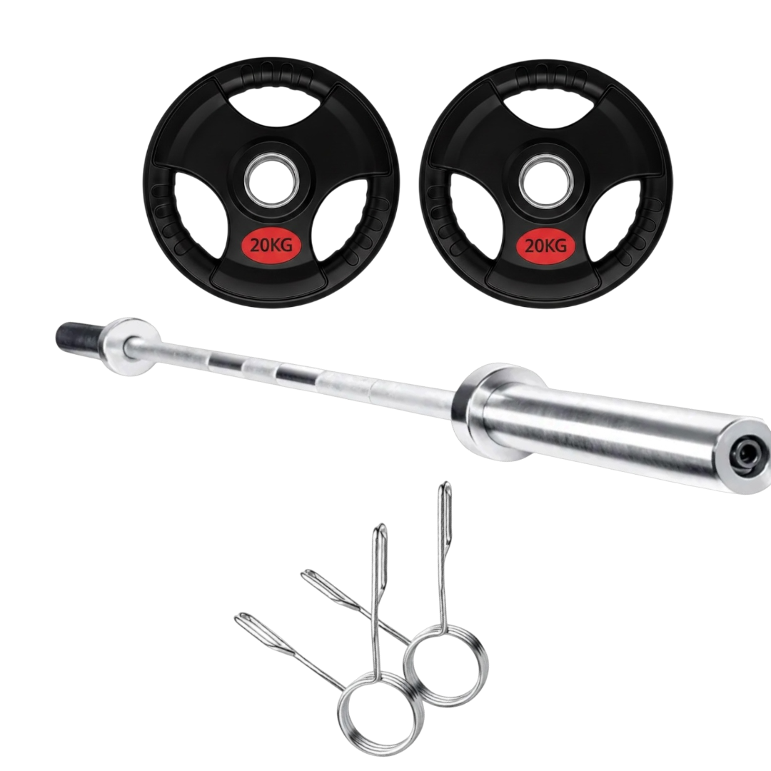 SET 60 KG BARRA OLIMPICA 20KG + PAR DISCOS 20KG TRIPLE AGARRE