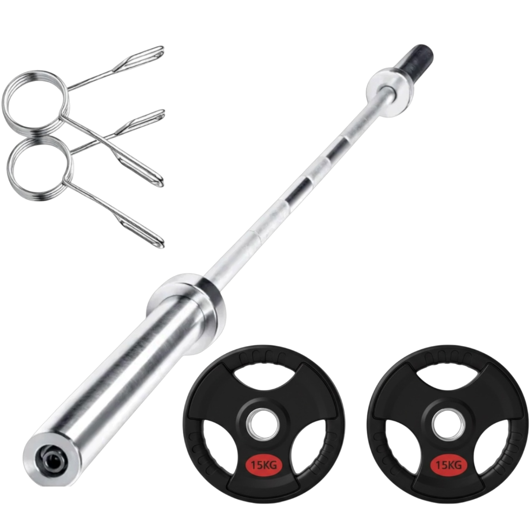 SET 50KG BARRA OLIMPICA 20KG + PAR DISCOS TRIPLE AGARRE DE 15KG